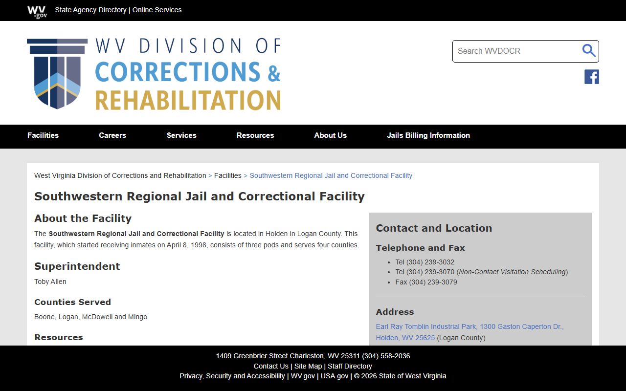 Southwestern Regional Jail and Correctional Facility Boone County inmate facility page